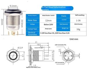 خرید کلید شستی LED دار قرمز قطر 12mm